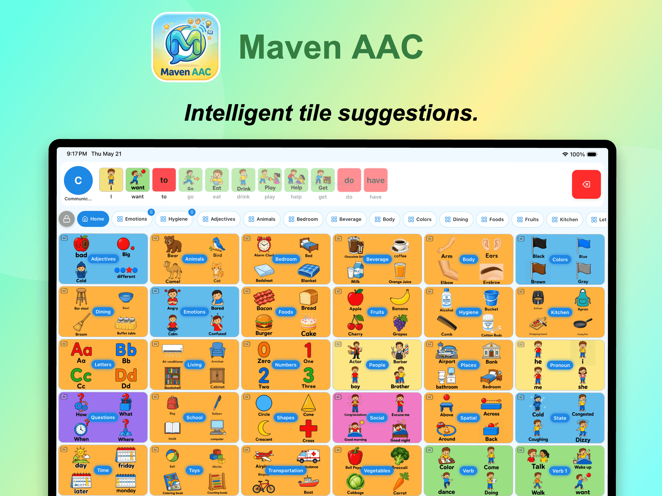 Maven AAC communication board with intelligent tile suggestions