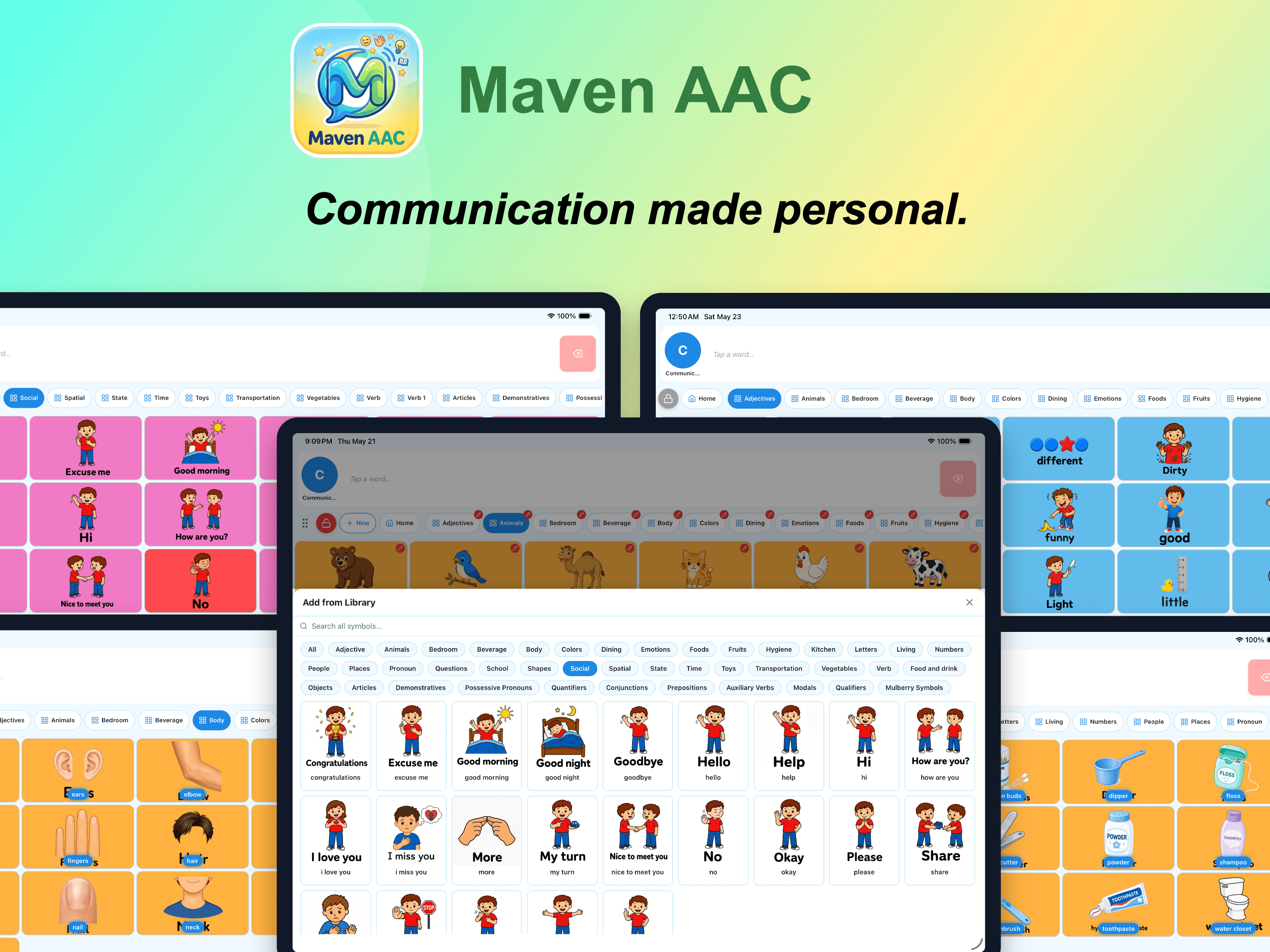 Maven AAC customization screens across several tablets