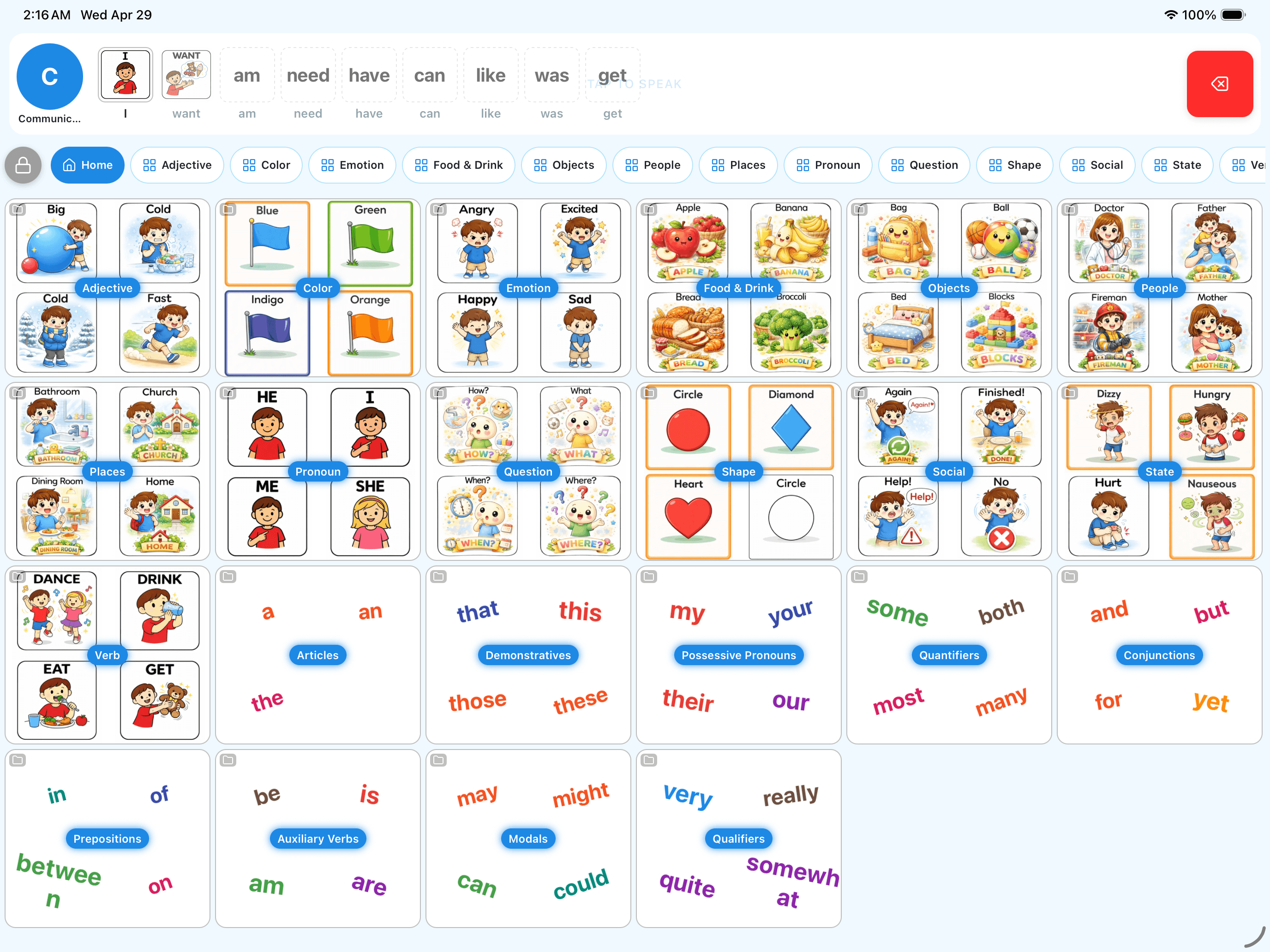 Maven AAC sentence strip with selected words ready to speak