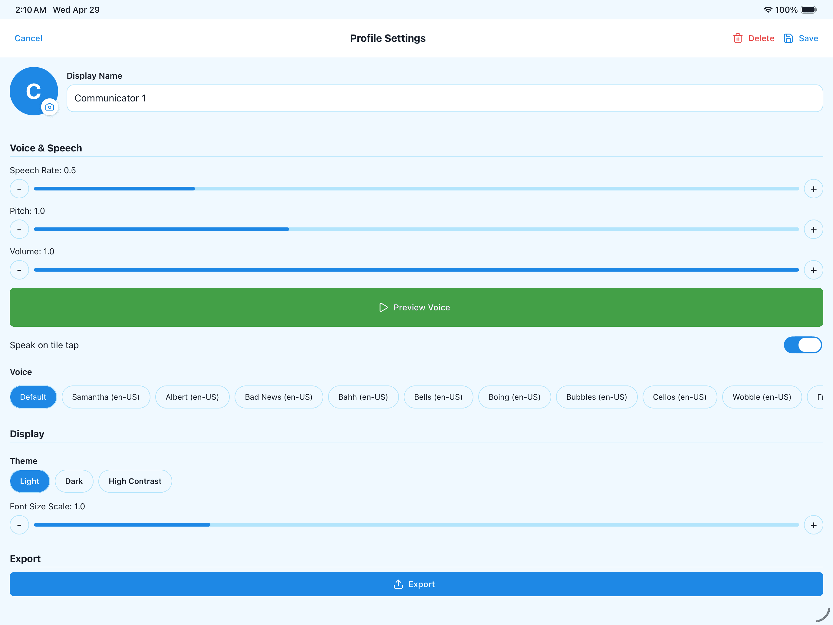 Maven AAC app settings screen