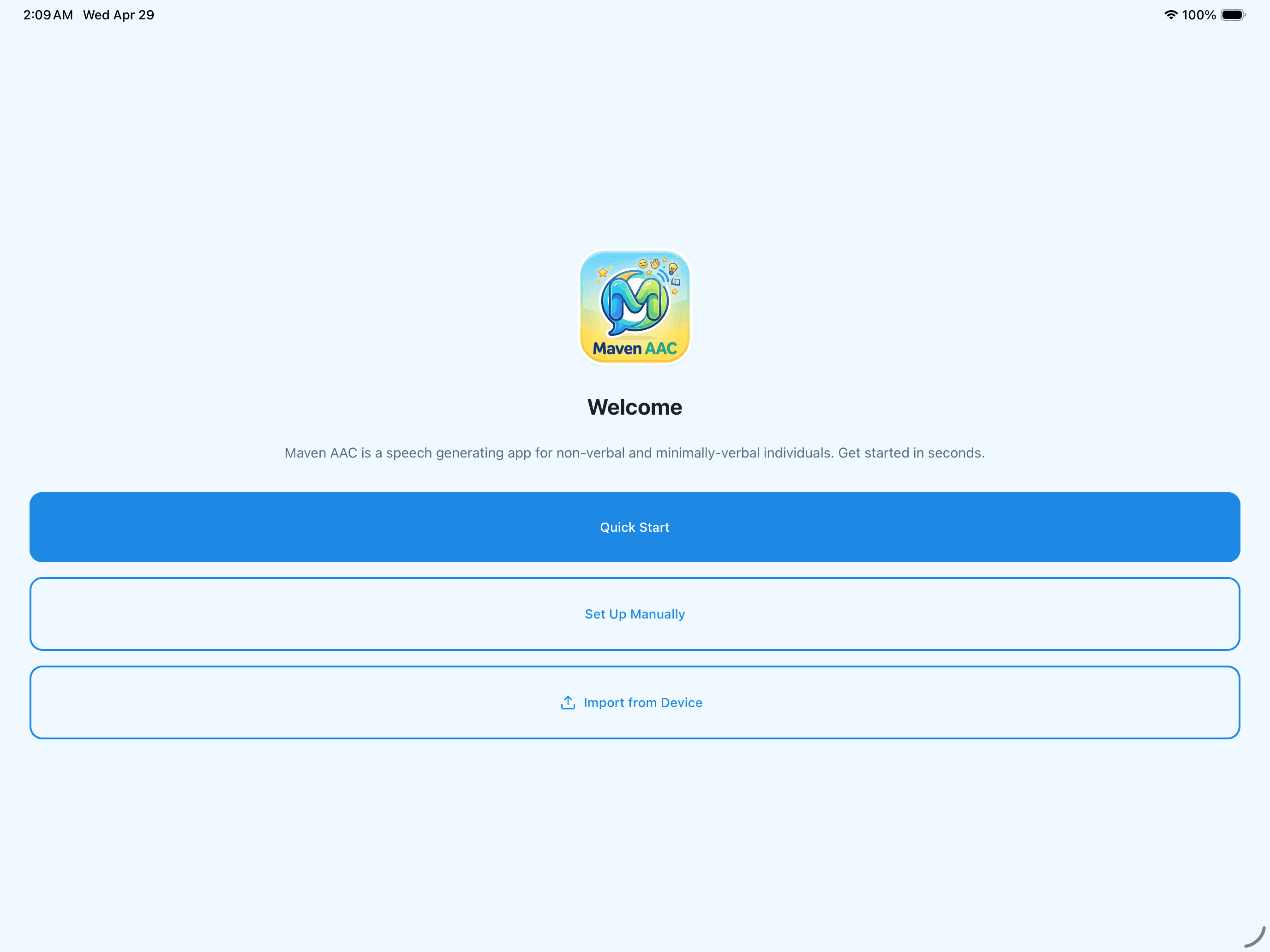 Maven AAC welcome screen with quick start and import options